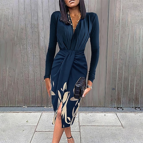 

Women's Bodycon Sheath Dress Navy Blue Long Sleeve Lace up Winter Fall Autumn V Neck Modern Winter Dress Weekend Fall Dress Slim S M L XL XXL