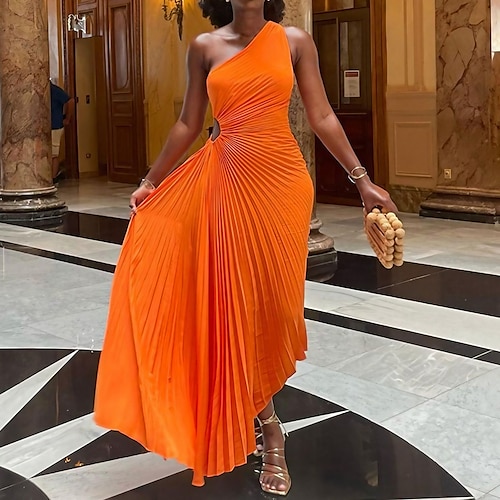 

Women's Party Dress Swing Dress A Line Dress Long Dress Maxi Dress Orange Sleeveless Pure Color Ruched Fall Spring Summer One Shoulder Fashion Party Vacation Summer Dress 2023 S M L XL XXL