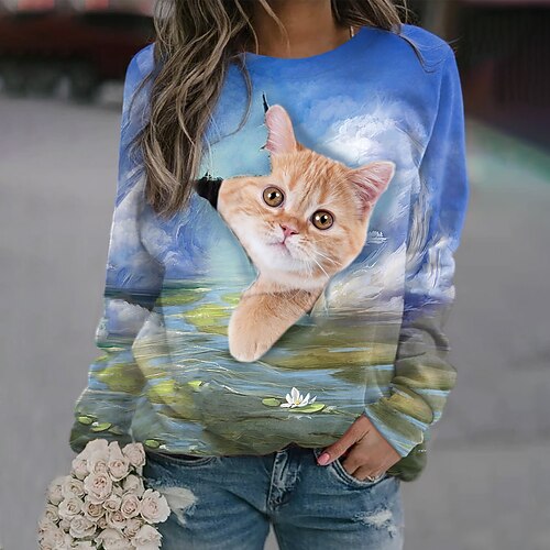 

Women's Sweatshirt Pullover Active Streetwear Print Blue Cat 3D Daily Round Neck Long Sleeve S M L XL XXL 3XL