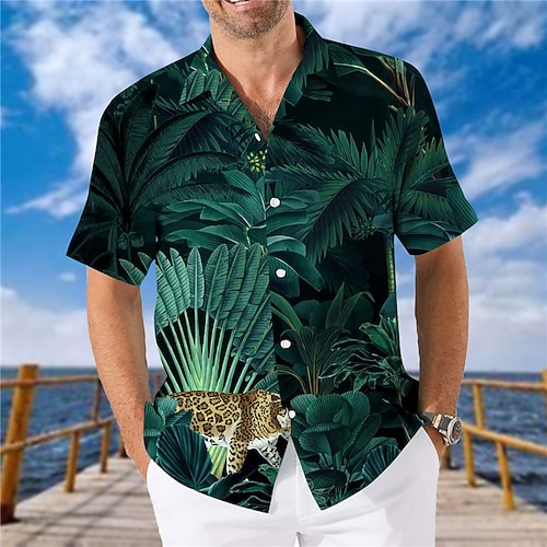 

Men's Shirt Leaves Turndown Green Short Sleeves 3D Print Outdoor Street Button-Down Print Tops Fashion Designer Casual Breathable / Summer / Spring / Summer