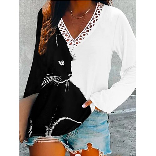 

Women's T shirt Tee Graphic Patterned Casual Daily Cat T shirt Tee Long Sleeve Lace Patchwork Print V Neck Basic Black S / 3D Print