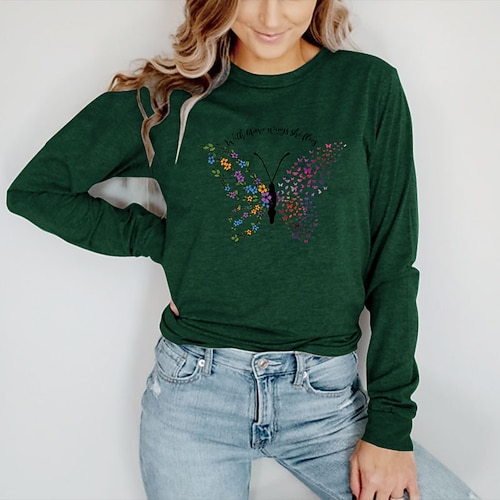 

Women's T shirt Tee Green Blue Yellow Graphic Butterfly Print Long Sleeve Casual Daily Basic Round Neck Regular Cotton Butterfly S