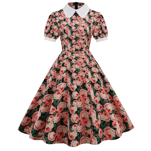 

Women's A Line Dress Swing Dress Knee Length Dress Red Short Sleeve Floral Ruched Patchwork Print Spring Summer Shirt Collar Romantic Vintage 2022 S M L XL XXL 3XL