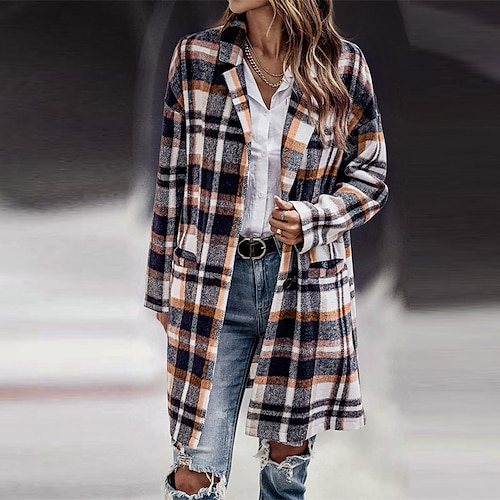 

Women's Winter Coat Windproof Warm Outdoor Street Daily Vacation Single Breasted Turndown Street Style Shacket Stripes and Plaid Regular Fit Outerwear Long Sleeve Winter Fall Green Pink Yellow S M L