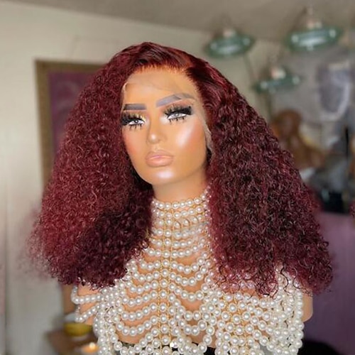

Remy Human Hair 13x4 Lace Front Wig Free Part Brazilian Hair Curly Water Wave Burgundy Wig 130% 150% Density with Baby Hair Natural Hairline 100% Virgin Glueless Pre-Plucked For Women wigs for black