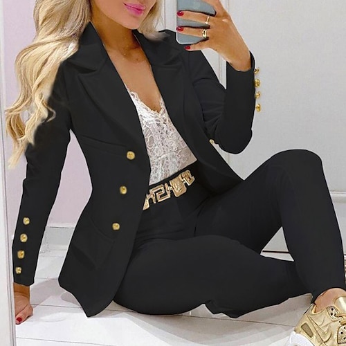 

Women's Suits Blazer Warm Breathable Outdoor Daily Wear Vacation Going out Patchwork Button Pocket Double Breasted Turndown Modern Comfortable Street Style Solid Color Loose Fit Outerwear Long Sleeve