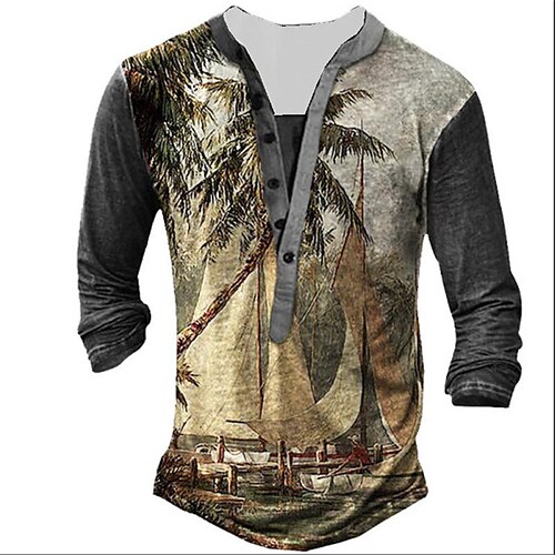 

Men's Henley Shirt Tee T shirt Tee 3D Print Graphic Patterned Coconut Tree Plus Size Henley Daily Sports Button-Down Print Long Sleeve Tops Designer Basic Classic Comfortable Brown / Summer