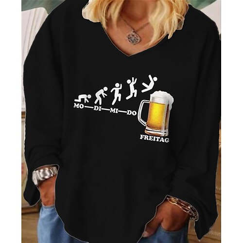 

Women's Plus Size Tops T shirt Tee Beer Letter Print Long Sleeve V Neck Streetwear Daily Vacation Cotton Spandex Jersey Fall Winter White Black