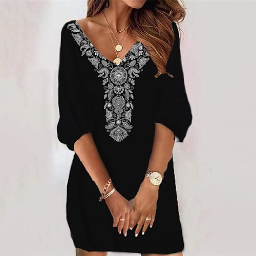 

Women's Casual Dress Bodycon Short Mini Dress Black 3/4 Length Sleeve Floral Print Fall Winter V Neck Casual Vacation Loose 2022 S M L XL XXL 3XL