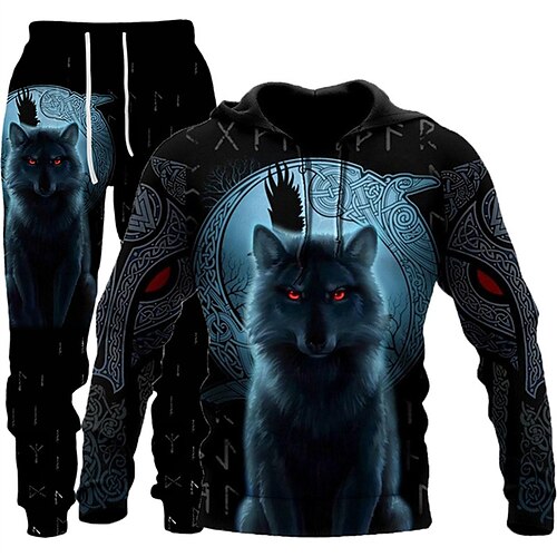 

Homme Ensemble Survetement Ensemble de sweats à capuche Bleu Capuche Graphic Animal Loup 2 Pièces Imprimer Sport Loisir Casual Des sports 3D effet basique Vêtement de rue Design Automne Printemps