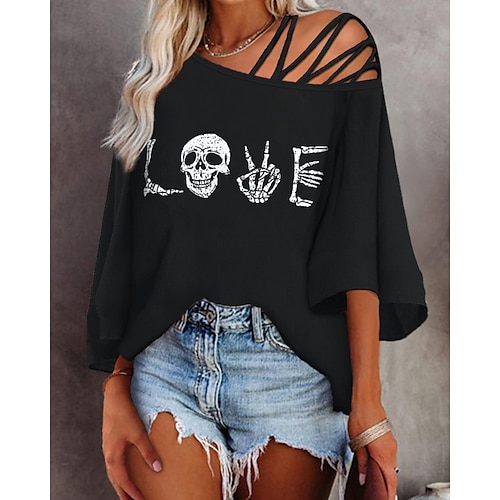 

Women's T shirt Tee Black Skull Cold Shoulder Print 3/4 Length Sleeve Casual Weekend Basic One Shoulder Regular Painting S / 3D Print
