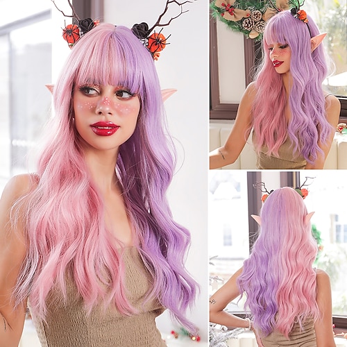 

Cosplay Holiday Wig Color Pink Wig Female Chemical Fiber Christmas Bangs Long Curly Hair High Temperature Silk Headgear Wig