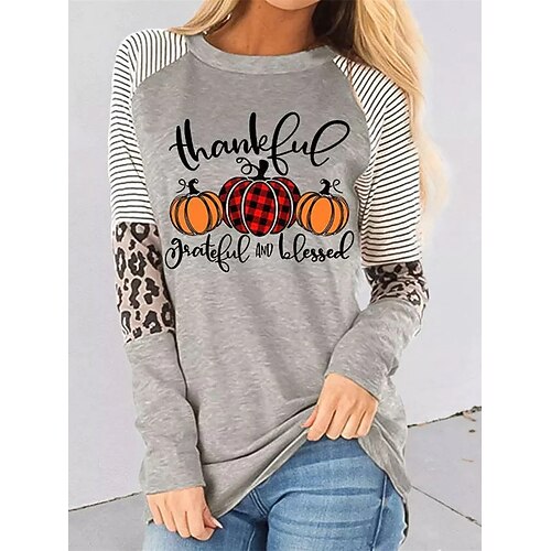

Women's T shirt Tee Pumpkin Halloween Casual T shirt Tee Long Sleeve Print Round Neck Halloween Gray Khaki S / 3D Print