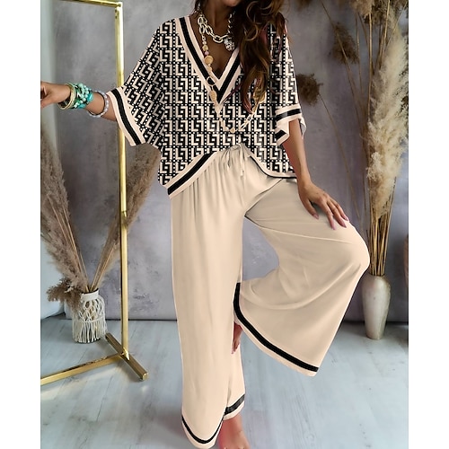 

Per donna loungewear Completi 2 pezzi Griglia / Scacchi Comoda Dolce Interni Giornaliero Poliestere Spacco a V Mezza manica maglietta Pantalone Primavera Autunno Beige