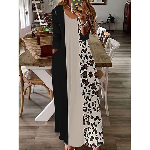 

Women's Casual Dress Shift Dress Long Dress Maxi Dress Khaki White 3/4 Length Sleeve Leopard Pocket Winter Fall Autumn 2022 XS S M L XL 2XL 3XL 4XL 5XL 6XL