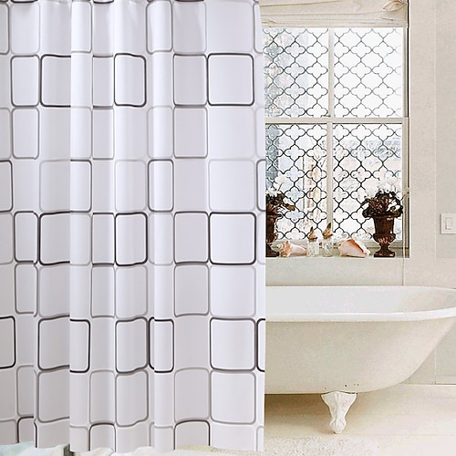 

Printed Large Square Pattern Polyester Waterproof Shower Curtain Peva Thickened Bathroom Partition Curtain Bathroom Curtain With Copper Buckle