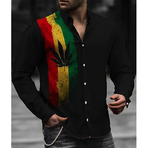 

Men's Shirt Rainbow Leaves Turndown Black Long Sleeve 3D Print Outdoor Street Button-Down Print Tops Fashion Casual Breathable