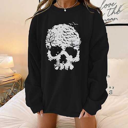

Women's Sweatshirt Pullover Skull Skeleton Print Halloween Weekend Hot Stamping Active Streetwear Clothing Apparel Hoodies Sweatshirts Loose Fit Black Gray