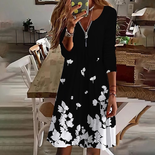 

Women's Black Pink White Long Sleeve Floral Print Winter Fall Winter Dress Fall Dress 2022 XXS XS S M L XL 2XL 3XL 4XL 5XL