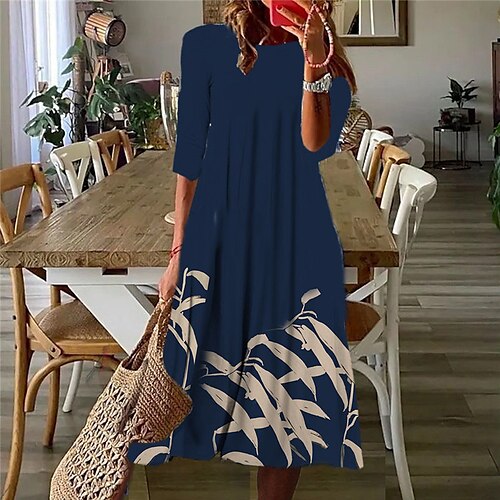 

Robe mi-longue Femme Robe casual Manches 3/4 Hiver Automne Ruché Imprimer 2022 bleu marine S M L XL XXL 3XL