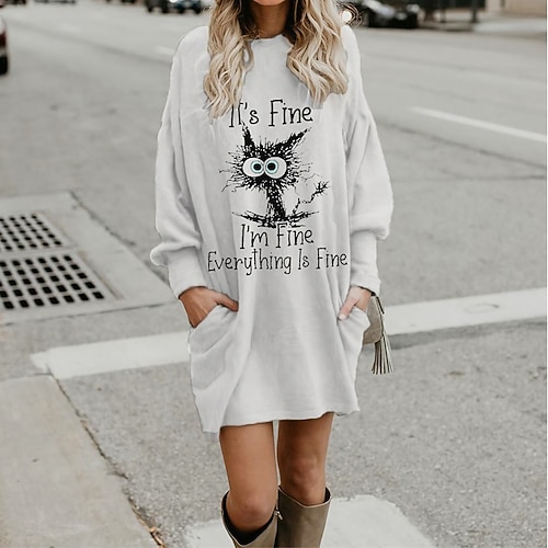 

Women's Casual Dress Shift Dress Mini Dress Khaki Gray White Long Sleeve Animal Pocket Winter Fall Autumn Crew Neck Modern Winter Dress Fall Dress Loose Fit 2022 S M L XL XXL 3XL