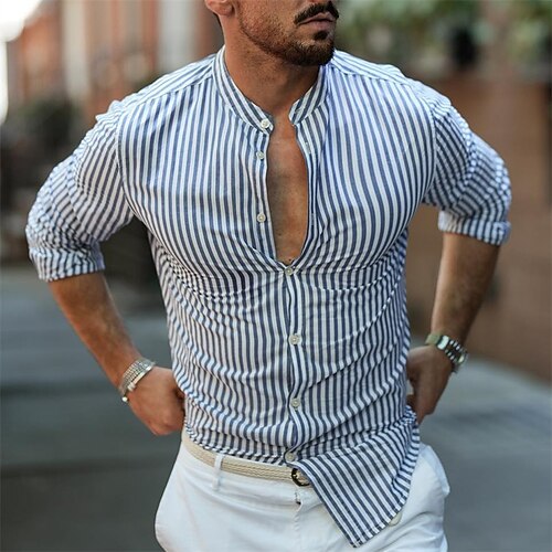 

Men's Shirt Striped Crew Neck Street Daily Button-Down Long Sleeve Tops Casual Fashion Comfortable Big and Tall Blue / Summer