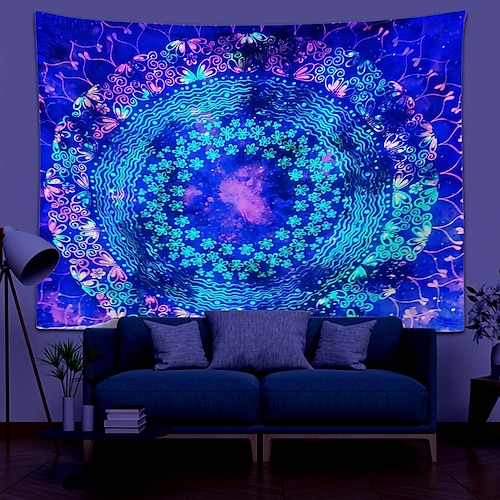 

Blacklight UV Reactive Tapestry Mandala Bohemain Decoration Cloth Curtain Picnic Table Cloth Hanging Home Bedroom Living Room Dormitory Decoration Polyester