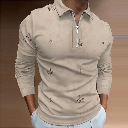 

Men's Collar Polo Shirt Golf Shirt Leaves Turndown Beige 3D Print Outdoor Street Long Sleeve Zipper Print Clothing Apparel Fashion Designer Casual Breathable