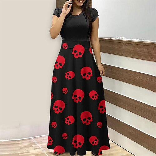 

feminino uma linha vestido de halloween vestido casual maxi vestido longo branco preto roxo laranja vermelho manga curta estampa geométrica caveira verão gola careca casual férias maduro 2022 s m l