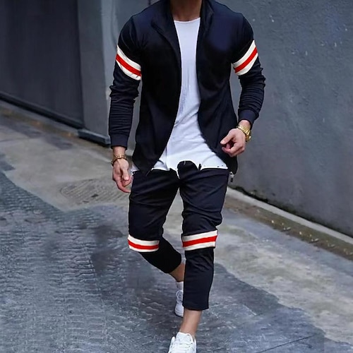 

Men's Tracksuit Sweatsuit Jogging Suits Navy Light Grey Red White Standing Collar Sportswear Winter Clothing Apparel Hoodies Sweatshirts Long Sleeve