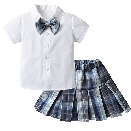 

2 Pieces Kids Girls' Shirt & Skirt Clothing Set Outfit Plaid Short Sleeve Cotton Set Fashion Preppy Style Spring Summer 2-6 Years Black Blue Purple