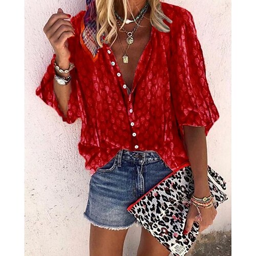 

Women's Blouse Plain Solid Colored Geometric Casual Daily Blouse Shirt Long Sleeve Shirt Collar Basic Essential Elegant Vintage Blue Gray Orange M