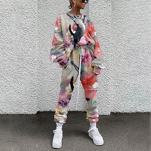 

Women's Sweatshirt Tracksuit Pants Sets Active Streetwear Blue Pink Sports Outdoor Casual Graphic Cat Drawstring Print Crew Neck S M L XL XXL