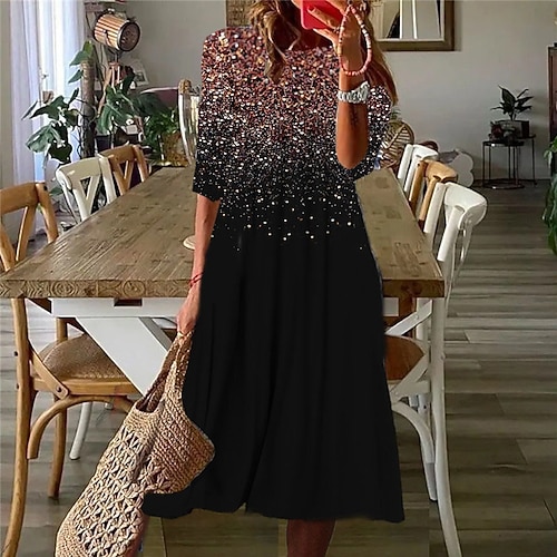 

Women's Casual Dress Shift Dress Midi Dress Green Blue Purple Pink Gold 3/4 Length Sleeve Color Gradient Ruched Print Fall Spring Round Neck Casual Vacation 2022 S M L XL XXL 3XL