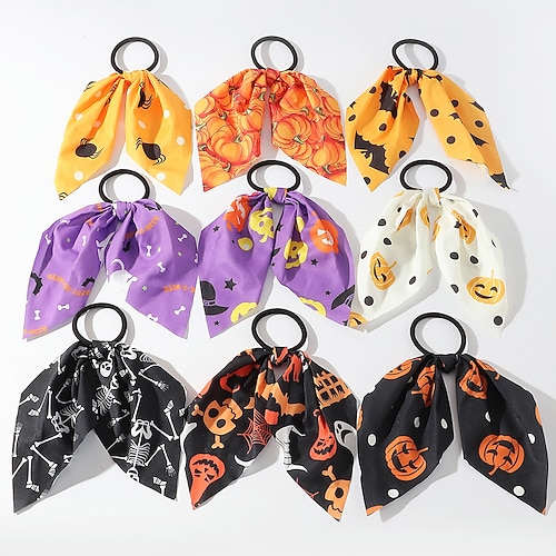 

9 Pcs Chiffon Hair Rope Headwear Halloween Streamer Rubber Band Head Rope Printing Knotted Hair Loop Head