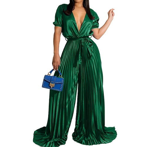 

Women's Jumpsuit Lace up Solid Color V Neck Streetwear Party Vacation Regular Fit Short Sleeve Green Blue Yellow S M L Fall