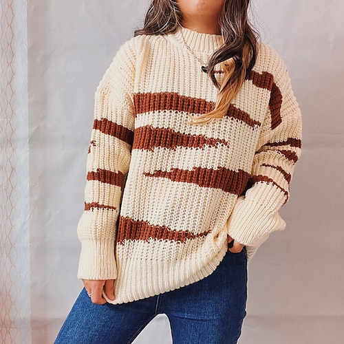 

Women's Pullover Sweater Jumper Chunky Knit Tunic Knitted Striped Crew Neck Stylish Casual Home Daily Fall Winter White Black S M L / Long Sleeve