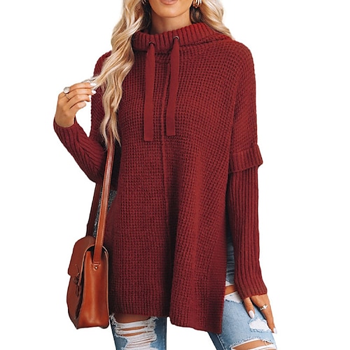 

Women's Pullover Sweater Jumper Waffle Knit Split Knitted Pure Color Hooded Stylish Casual Daily Going out Fall Winter Green Black S M L / Long Sleeve