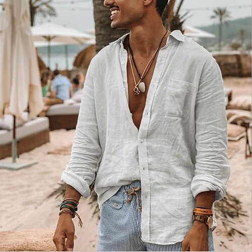 

Men's Shirt Linen Shirt Tee Long Sleeve Solid Color Collar Button Down Collar Green White Street Daily Clothing Apparel Simple Lightweight Breathable Comfortable / Machine wash / Washable / Beach