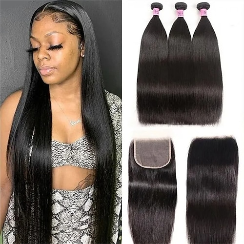 

3 Bundles Hair Weaves Brazilian Hair Straight Human Hair Extensions Human Hair Extension Weave 14-20 inch Black Women Easy dressing Comfy / Daily Wear / Party / Evening / Party / 5x5 Closure