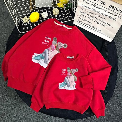 

Mommy and Me Tops Cartoon Letter Daily Print Black Red Long Sleeve Basic Matching Outfits