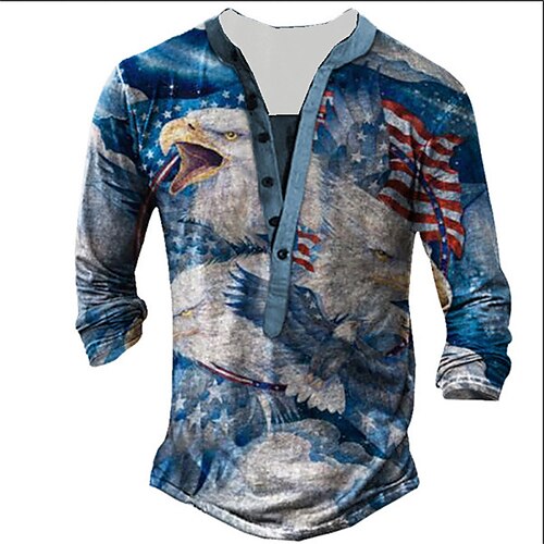 

Men's Henley Shirt Tee T shirt Tee 3D Print Graphic Patterned Eagle Plus Size Henley Daily Sports Button-Down Print Long Sleeve Tops Designer Basic Classic Comfortable Blue / Summer