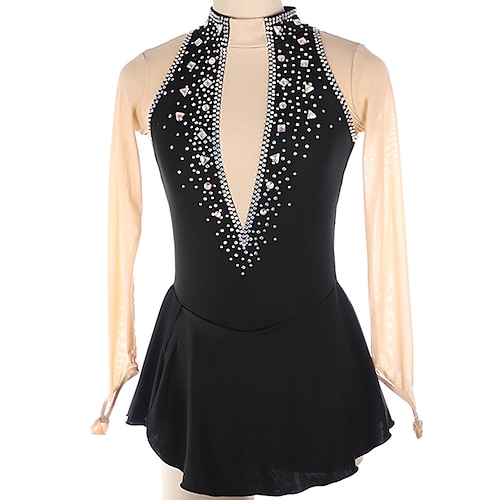 

Figure Skating Dress Women's Girls' Ice Skating Dress Black Thumbhole Open Back High Elasticity Training Competition Skating Wear Crystal / Rhinestone Long Sleeve Ice Skating Figure Skating / Winter