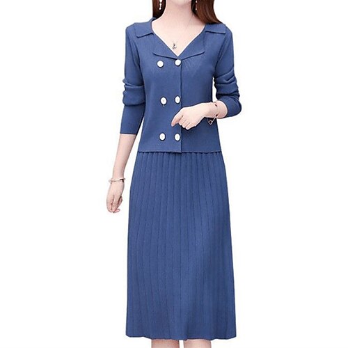 

Women's Two Piece Dress Shift Dress Midi Dress Black Blue Purple Khaki Red Brown Long Sleeve Pure Color Knit Button Fall Winter Shirt Collar Stylish Elegant Modern Loose 2022 One-Size