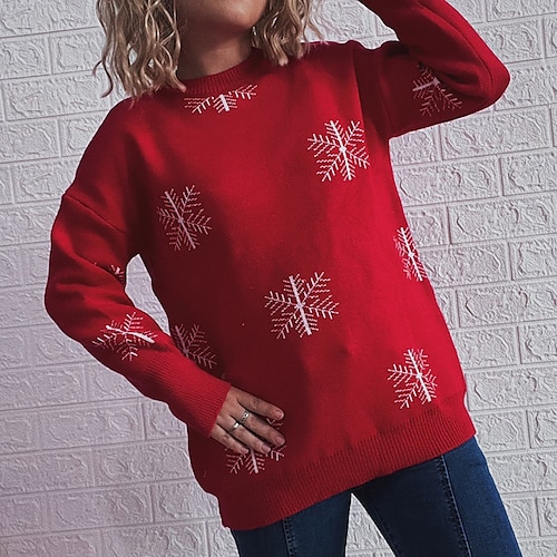 

Women's Sweater Pullover Jumper Chunky Knit Knitted Snowflake Crew Neck Stylish Casual Christmas Daily Fall Winter Red One-Size / Long Sleeve