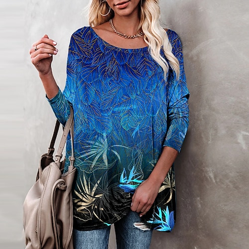 

Women's T shirt Tee Floral Casual Holiday Weekend Floral Painting T shirt Tee Long Sleeve Print Round Neck Basic Blue S / 3D Print