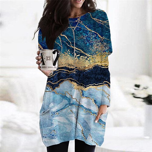 

Women's Shift Dress Casual Dress Short Mini Dress Blue Long Sleeve Color Gradient Pocket Print Fall Winter Crew Neck Casual Vacation Loose 2022 S M L XL XXL 3XL