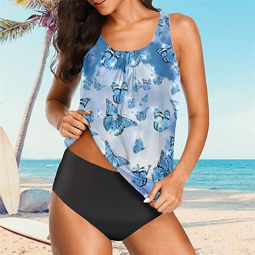

Women's Tankini Two Piece Swimsuit High Waist Shirred Swimwear Bathing Suit Swimwear Blue Quick Dry Swimming Surfing Beach Summer