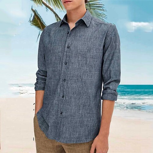 

Men's Shirt Solid Color Turndown Dusty Blue Long Sleeve Daily Holiday Button-Down Tops Cotton Linen Fashion Lightweight Casual Comfortable / Spring / Beach