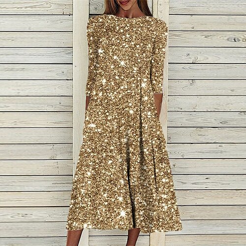 

Women's Casual Dress Shift Dress Midi Dress Black Gold Pink 3/4 Length Sleeve Color Gradient Ruched Winter Fall Autumn Crew Neck 2022 S M L XL XXL 3XL
